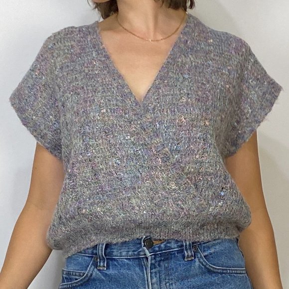 Vintage 80s Sparkly Knit WRAP Sweater Vest! One Size - Picture 4 of 8